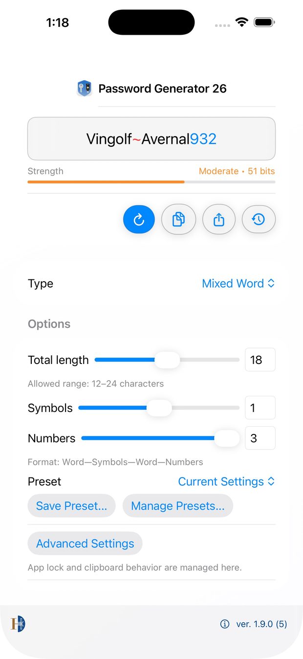 Password Generator 26 app screenshot